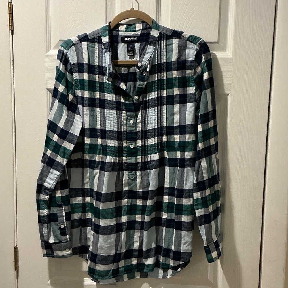 Lands' End Woman’s Blue and Green Checkered Shirt Gathered Size 12